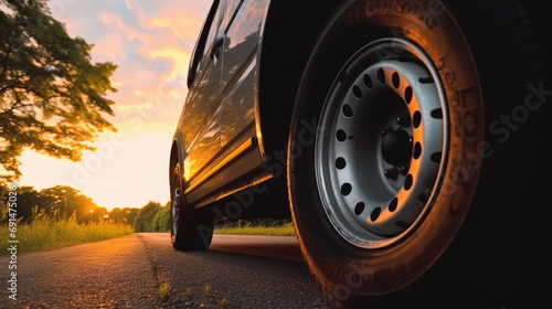 Close - up view of Camper van Tires parked on the side of the road at sunset