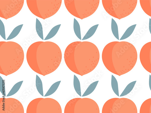 Seamless peach fruit pattern. Farmer Market background. Organic tropical food template for wallpaper, wrapping paper, textile, scrapbooking. Pink healthy sweet fruit on white background
