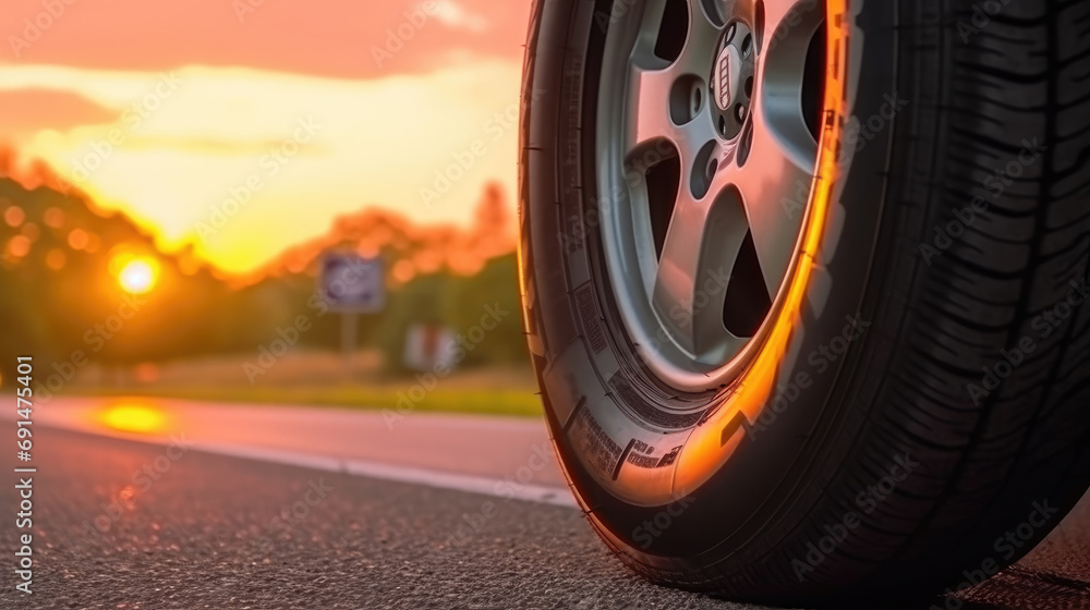 Close - up view of Camper van Tires parked on the side of the road at sunset