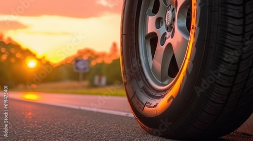 Close - up view of Camper van Tires parked on the side of the road at sunset