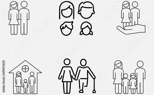 Family icon set. Containing parents, mother, father, children, baby, grandparents and household icons. Solid icon collection. Vector illustration.