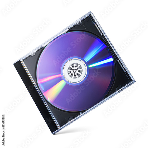 Black plastic disc box case CD DVD jewel with purple rewritable disk isolated. Transparent PNG image. photo