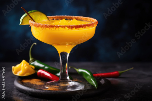 Spicy mango margarita cocktail with jalapeno and lime close up photo