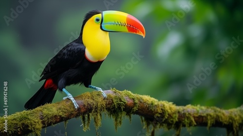 A Colorful Toucan Perched on a Mossy Branch