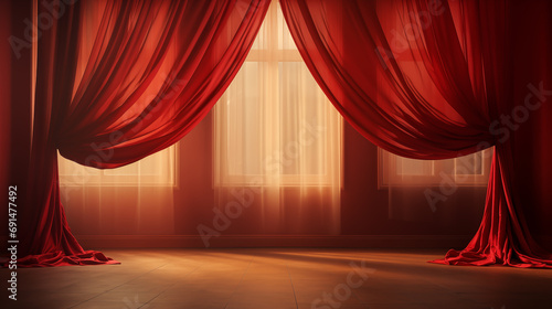 Red transparent curtain. Sunlight through transparent tulle. Morning sunlight at the window