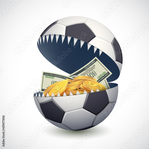 Soccer ball with money in a toothy mouth. Icon isolated on white background. Stock vector illustration