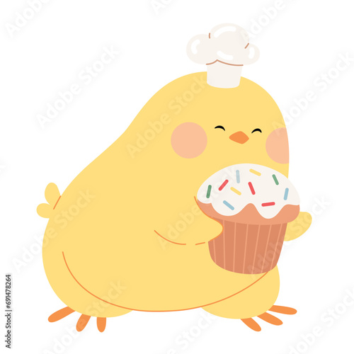 Cute chicken with Easter cake wearing a chef's hat for easter design. Little yellow cartoon chick character. Vector illustration for stickers, invitations, cards, scrapbooking, and packaging design.