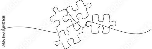 continuous single line drawing of jigsaw puzzle pieces, line art vector illustration