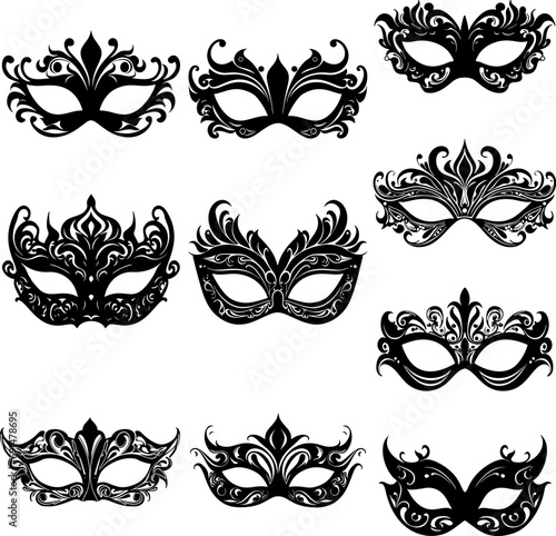 Venetian masquerade mask silhouettes set venice elegant black on white vector isolated