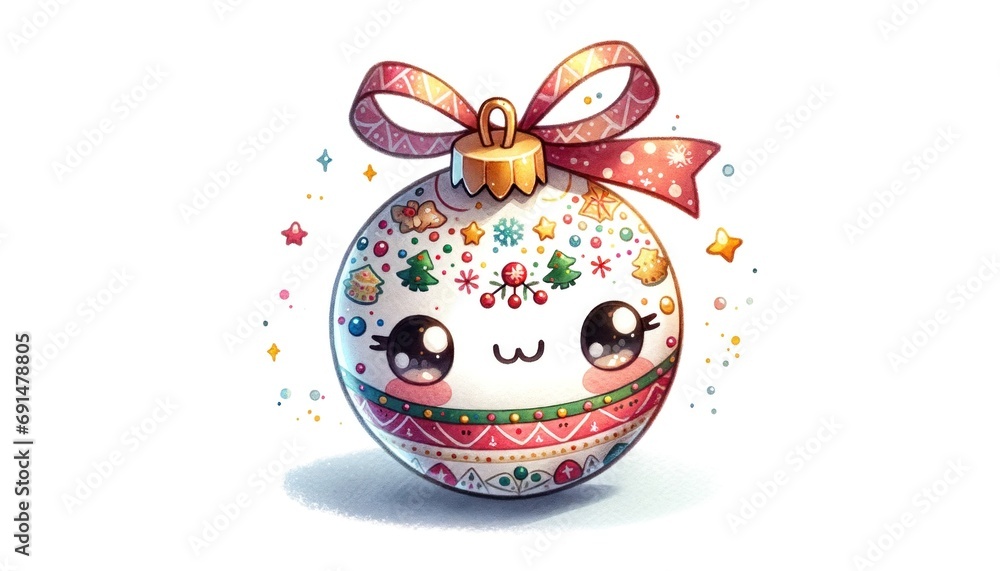 Cute Animated Christmas Ornament with Festive Decor. Watercolor illustration of a smiling Christmas ornament adorned with snowflakes, hearts, and a festive ribbon, exuding holiday cheer.