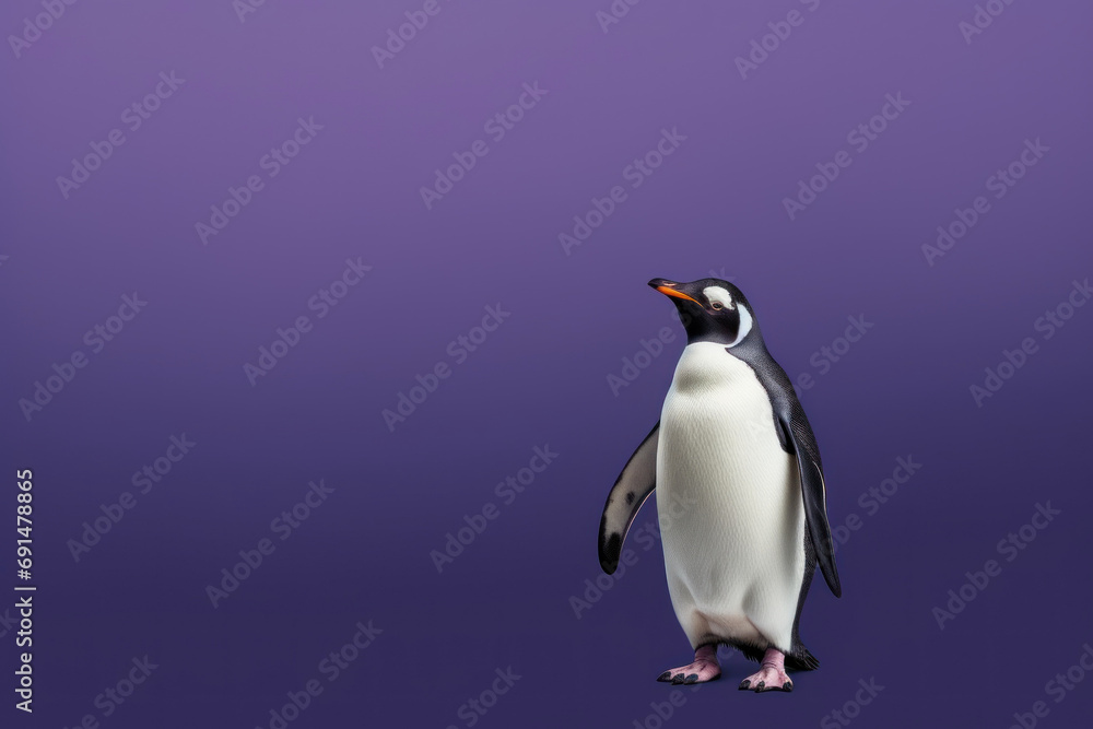 Obraz premium A bewildered penguin points to the right with its paw, against a dark purple background