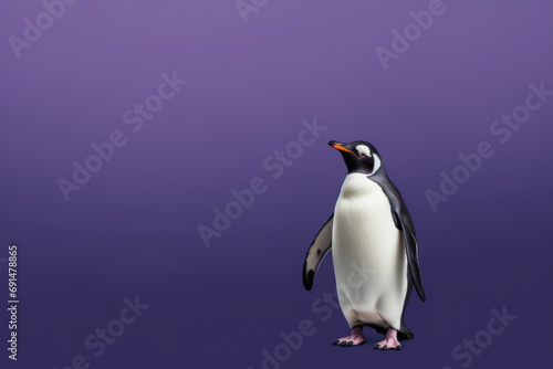 A bewildered penguin points to the right with its paw  against a dark purple background