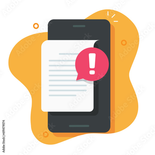 Error notice message alert on text document mobile cell phone vector flat cartoon illustration graphic, cellphone smartphone warn exclamation risk file mark, important information disclaimer problem photo