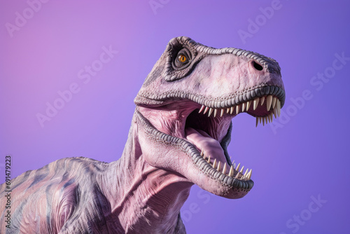 A fearsome Allosaurus with sharp teeth and a predatory gaze on a solid lavender background © Hanna Haradzetska