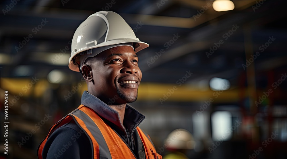 A cheerful and confident black man in an industrial setting wearing a hard hat and reflective gear. A cheerful and confident black man in an industrial setting wearing a hard hat and reflective gear.