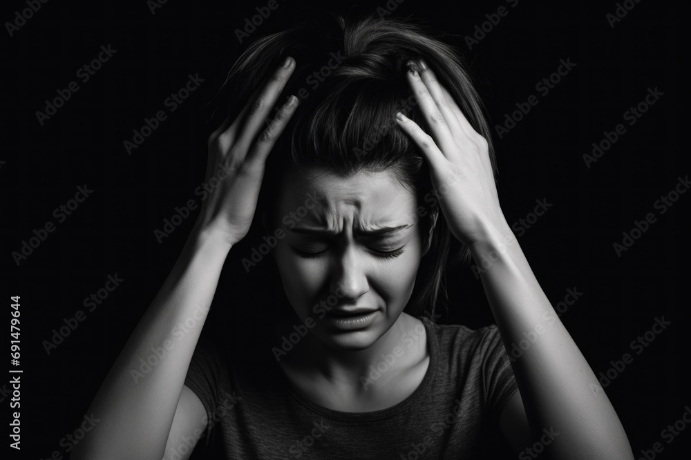 A person clutching their head in pain during a migraine attack A person clutching their head in pain during a migraine attack