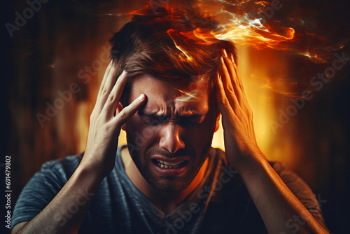 A man clutching their head in pain during a migraine attack