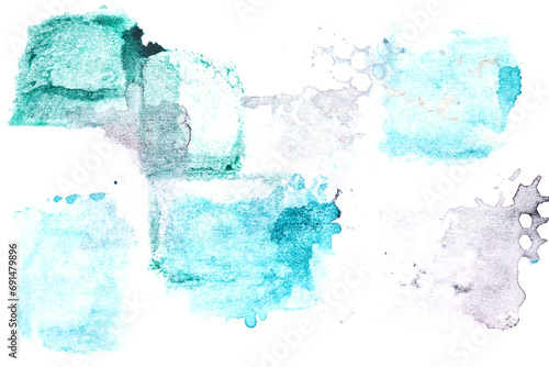 Abstract liquid art background. Blue green gray watercolor translucent blots on white paper.