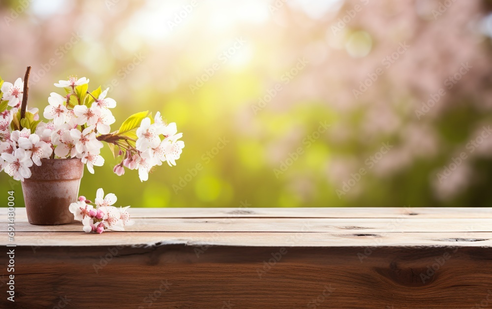 Empty wooden table, display with spring nature theme background. Beautiful blooming cherry branches. Copy space for product presentation, showcase. Empty wooden table, display with spring nature theme background. Beautiful blooming cherry branches. Copy space for product presentation, showcase.