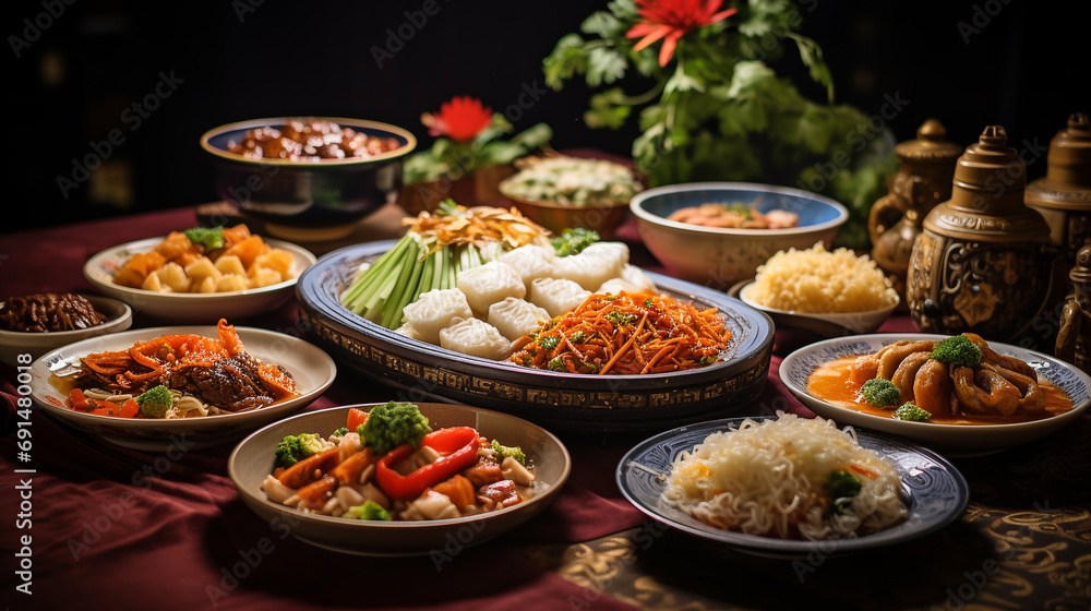 Chinese or Lunar New Year food are served with different kinds. ai generative