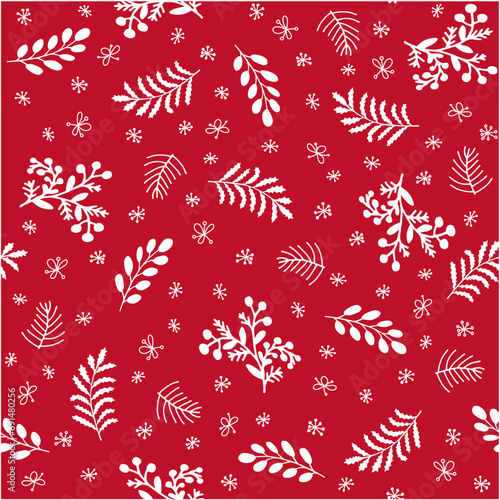 Seamless pattern with white christmas elements on red background - vector illustration