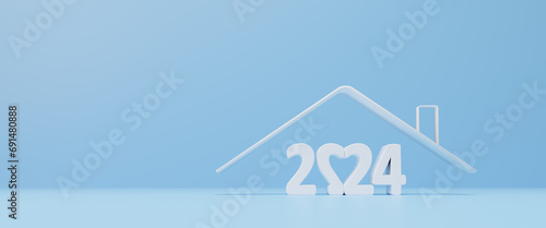 Happy New Year 2024 with home sweet home, Copy space of home and life concept. Family budget planning. Investments, plans, savings. Mortgage rates. Real estate concept. 3d rendering illustration