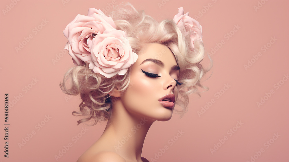 beautiful woman with roses on her head. ai generative