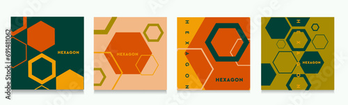 Set Hexagonal Molecular Structure in Green, Orange, Yellow Colors. Abstract Pattern for Advertising, Web, Social Media, Poster, Banner, Cover. 3D Retro Style 70s . Vector Illustration.