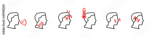 Set of icons of disease symptoms linear icons black red various symptoms of disease in different parts of the human body vector eps10