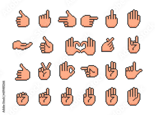 8 bit pixel art hand icons, pixel hands gestures icons set. Game art isolated vector illustration.