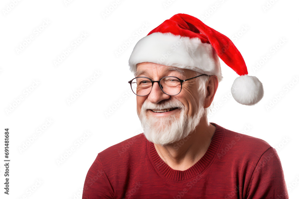 Studio portrait of an elderly man with a white beard smiling happily wearing a red Santa cap hat at Christmas isolated on transparent background. Studio portrait of an elderly man with a white beard smiling happily wearing a red Santa cap hat at Christmas isolated on transparent background.