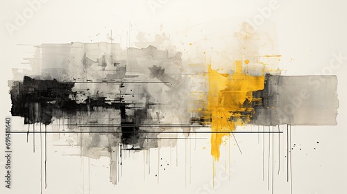 Generative AI, White, golden and black watercolor abstract painted background. Ink black street graffiti art on a textured paper vintage background, washes and brush strokes.	
 photo