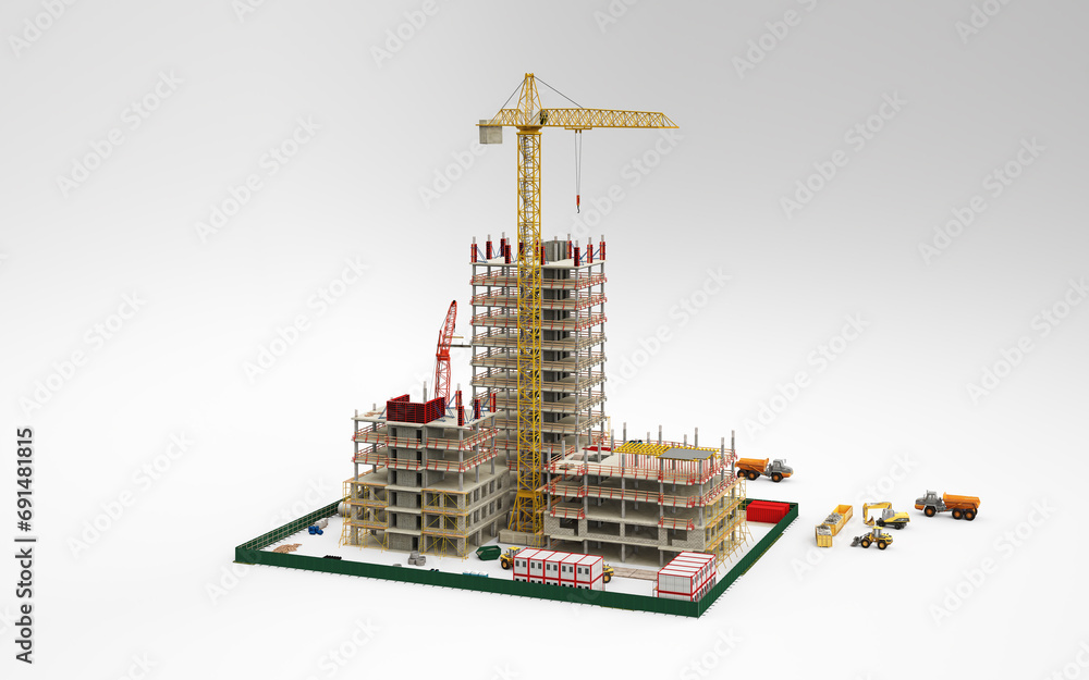Construction Building In 3d Building Construction Site, BIM Project, 3d rendering, 3d illustration ...