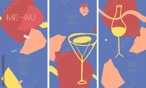 Vector drinks menu. Wine. Cocktail. Champagne. Set. Banner, booklet, flyer. Abstract shape and lines. Layout for outdoor restaurant, pool bar, cafe on the beach. 