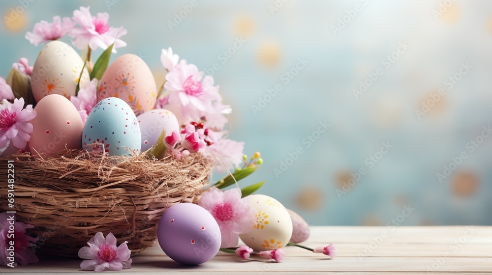 Beautiful pastel color Easter eggs and flowers in a basket with copy space. Colorful spring theme background. Beautiful pastel color Easter eggs and flowers in a basket with copy space. Colorful spring theme background.