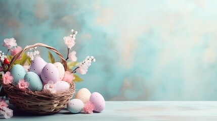 Beautiful pastel color Easter eggs and flowers in a basket with copy space. Colorful spring theme background.