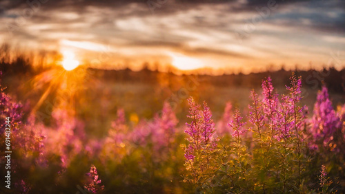 Heather field  spring flowers on a green meadow with contoured sunlight  beautiful wallpaper with bokeh  springtime