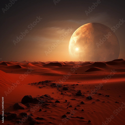 A Full Moon Rising Over a Science Fiction Desert Landscape