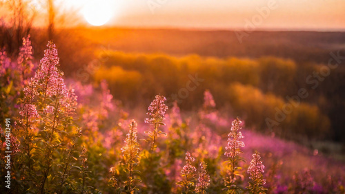 Heather field, spring flowers on a green meadow with contoured sunlight, beautiful wallpaper with bokeh, springtime