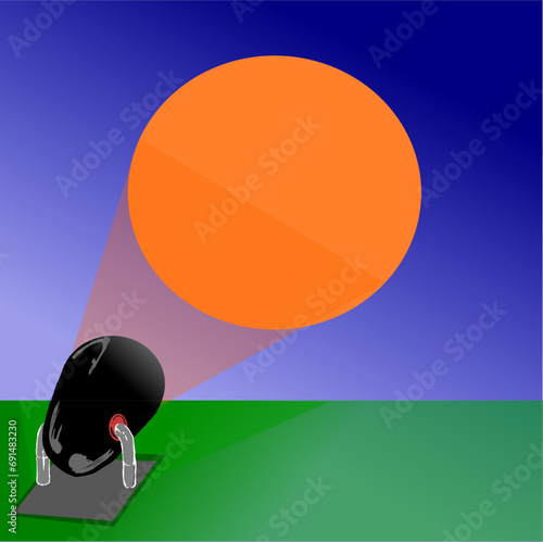 gray, black and red reflector iluminates promotions and discounts in the blue sky, in orange