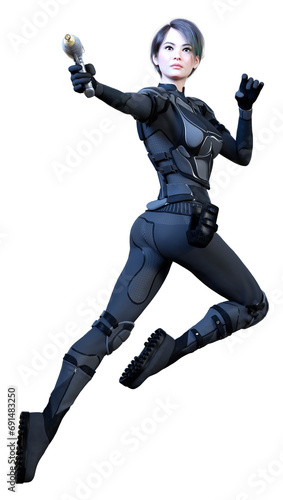 3D Rendering Female Sceince Fiction Warrior on White photo