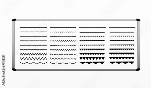 A collection of wavy or zigzag lines Horizontal thin lines flutter Dotted line a set of lines depicted on a white school board vector eps10