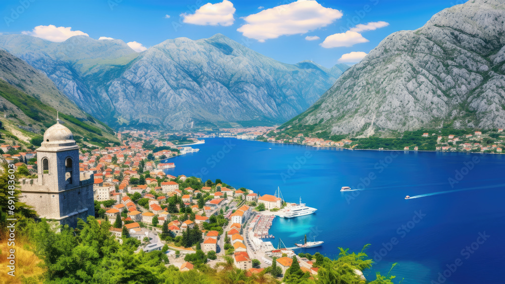 Panoramic view of Kotor bay and Kotor city, Mediterranean Sea in Montenegro, Europe.