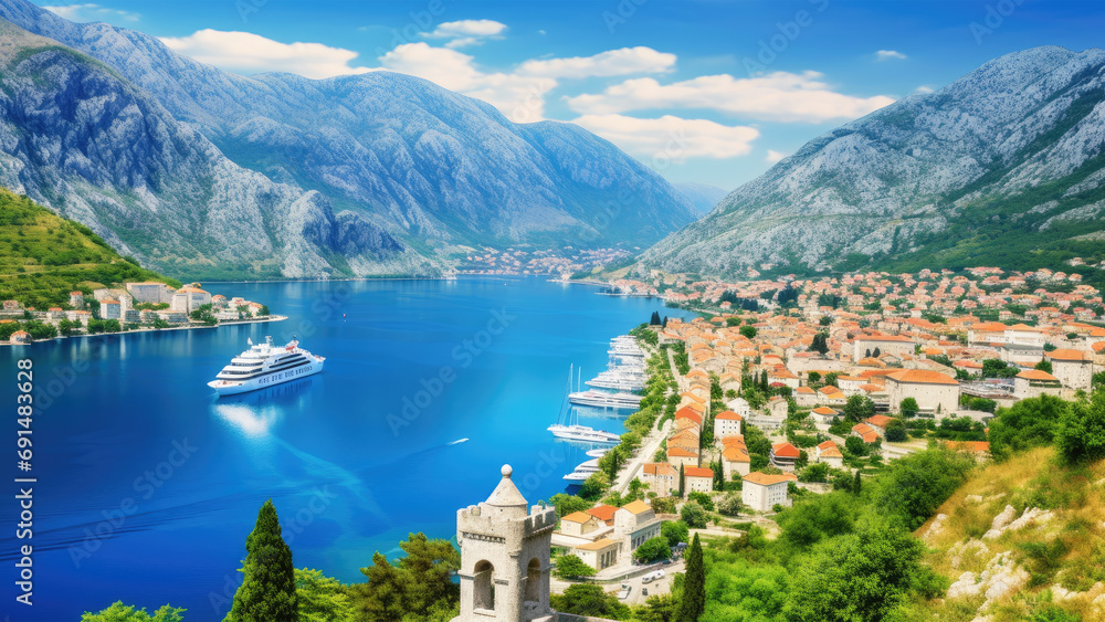 Kotor bay and Old Town from Lovcen Mountain. Montenegro, Europe