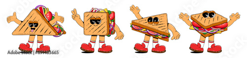Set of sandwich characters in retro cartoon style. Fast food mascot vector illustration.