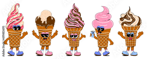 Set of ice cream characters in retro cartoon style. Fast food dessert mascot vector illustration.