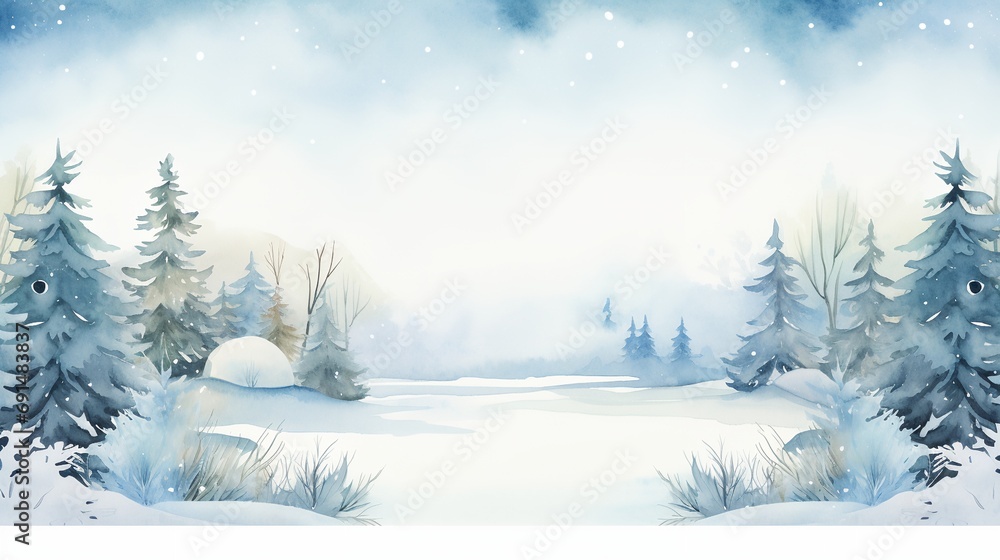 Fototapeta premium Watercolor winter snowy landscape