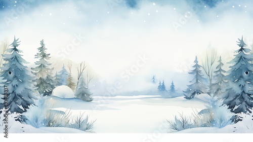 Watercolor winter snowy landscape