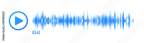 Music player soundbar. Audio speech spectrum noise with play button. Mobile messenger app chat. Sound wave of voice. Record interface. Equalizer icon with soundwave line. Vector illustration