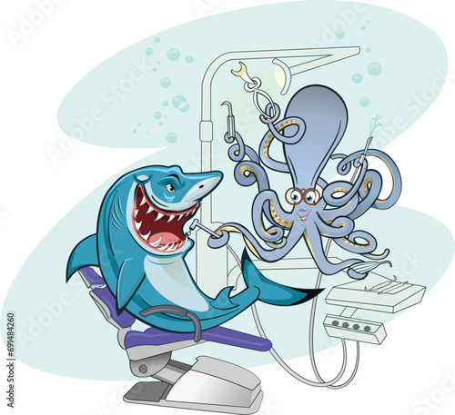 Shark treats teeth at the dentist. The dentist octopus pulls out a sore tooth